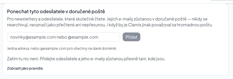 Jak nechat určité odesílatele ve schránce