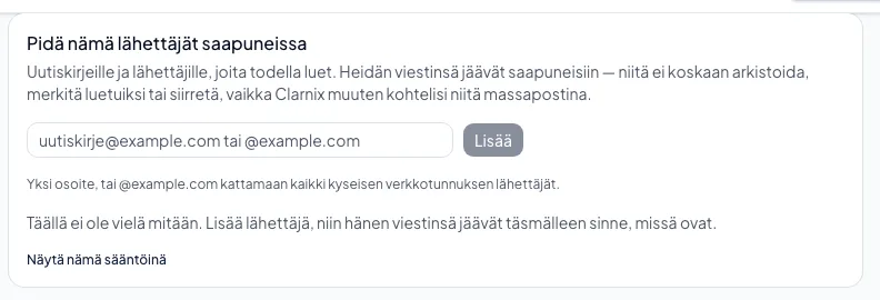 Tiettyjen lähettäjien pitäminen saapuneissa